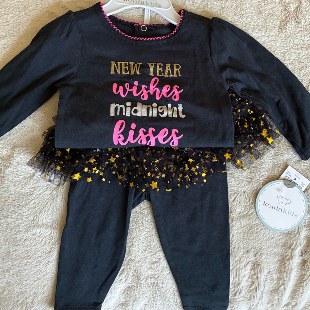 NWT Koala Kids Black Leggings & Tutu New Years Eve Outfit with Gold Star Accents